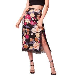 Band Of The Free Lilou Satin Midi Slip Skirt Floral Lace Trim Black Berry Small